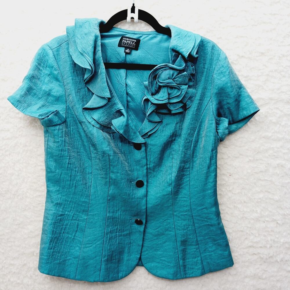 Blouse Teal Romantic Evening Chic Glam Quiet Luxury Bridal Shiny Floral Size 12